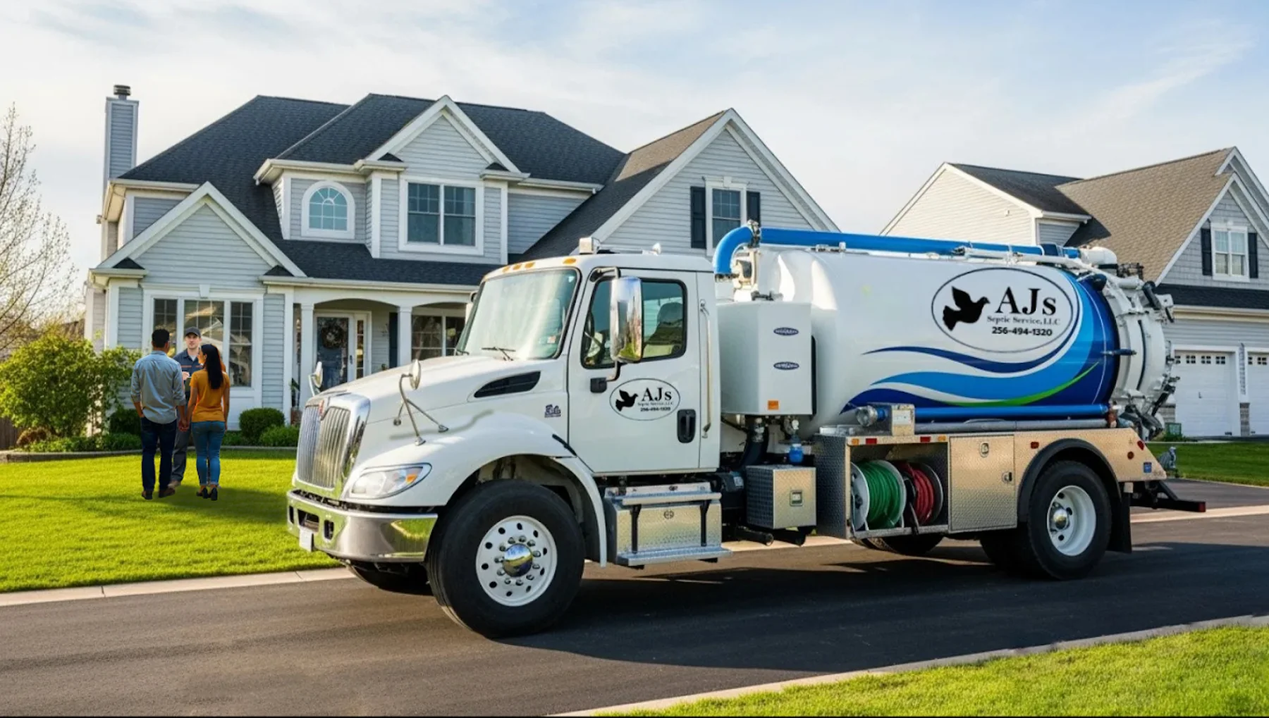 AJ's Septic Service truck at a North Alabama home, technician meeting the homeowners