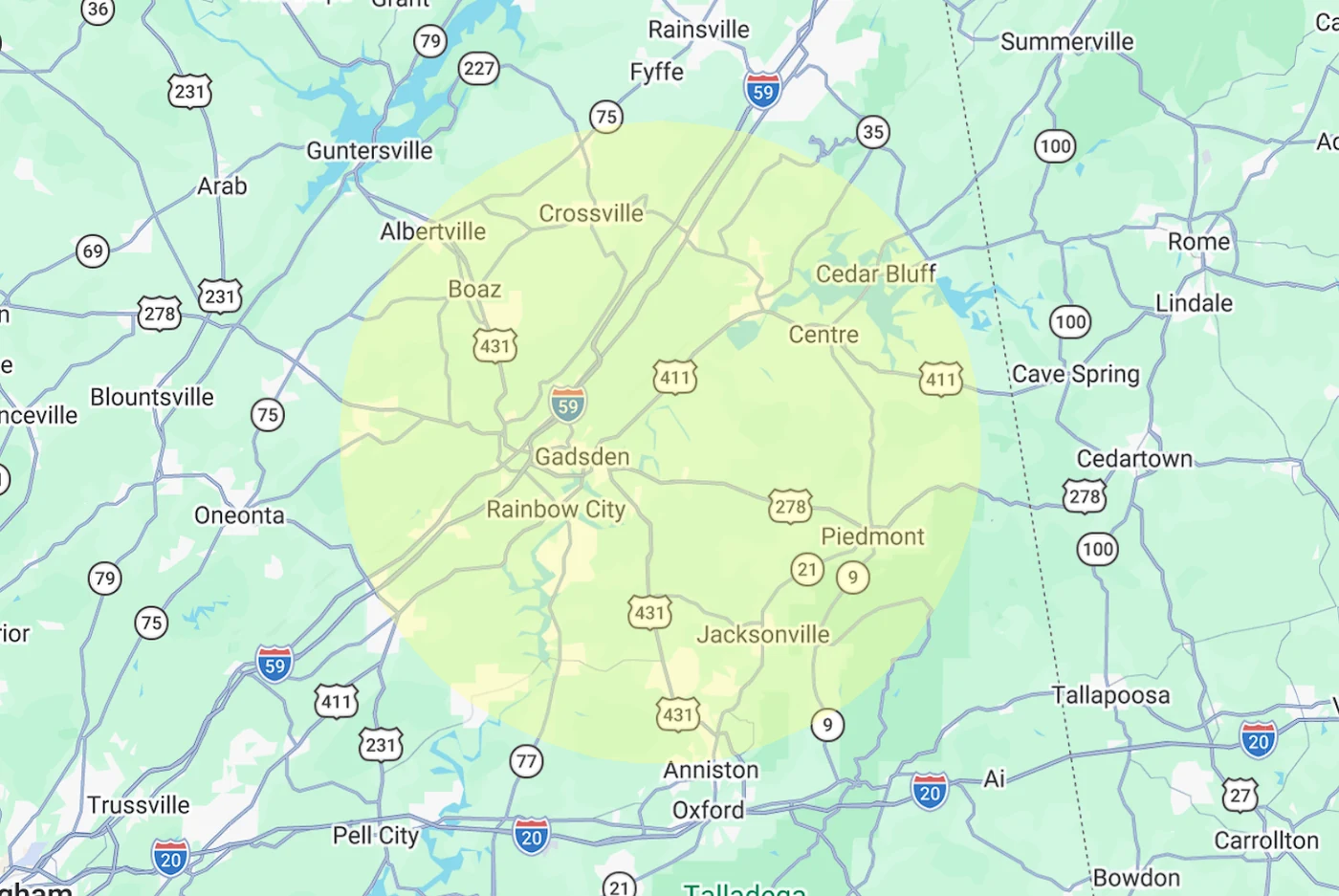 AJ's Septic Service area map covering North Alabama counties